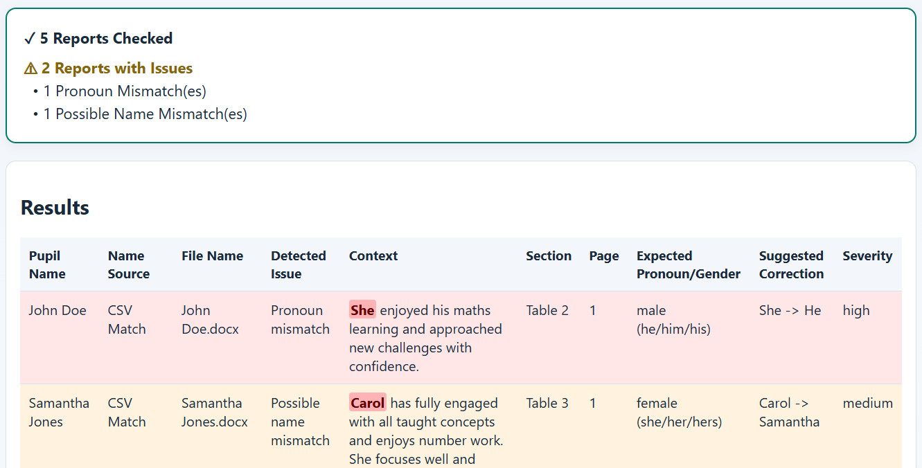 Example report checking results showing pronoun and pupil name issues found